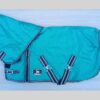 Turquoise winter blanket with a adjustable neck designed for miniature horses, providing warmth and protection.